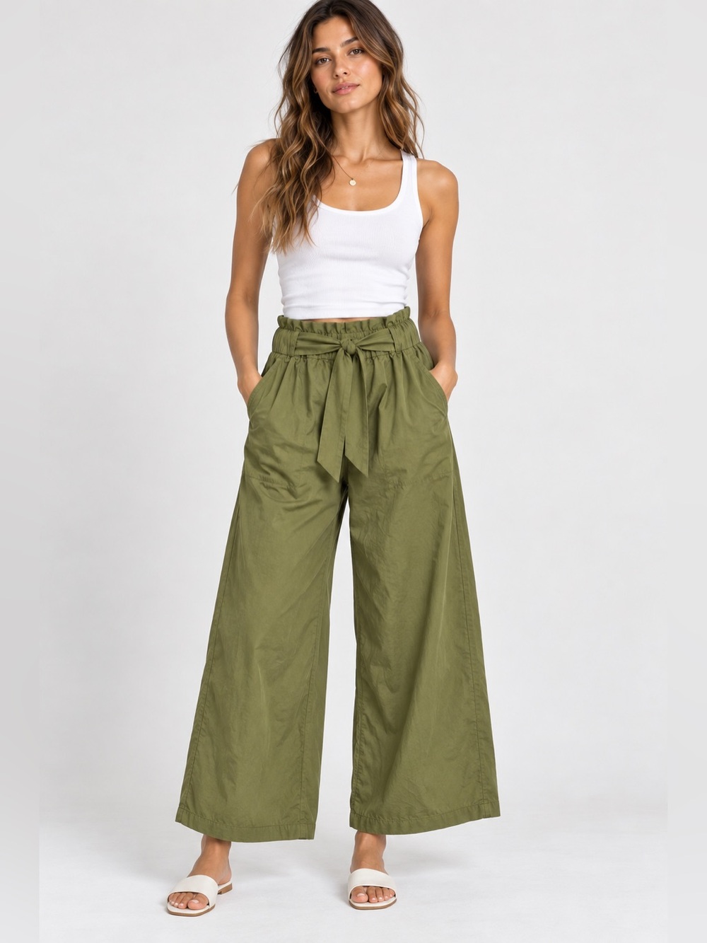 Calligraphie Women’s L Olive Green Paper Bag Tie Waist Wide Leg Pants Classic